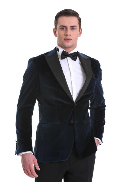 Lacivert Slim Fit Sivri Yaka Kadife Klasik Smokin Damatlık - 2