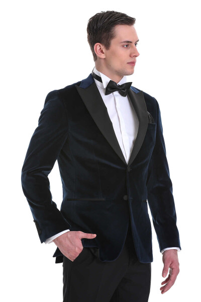 Lacivert Slim Fit Sivri Yaka Kadife Klasik Smokin Damatlık - 3