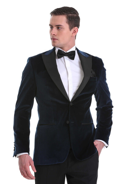Lacivert Slim Fit Sivri Yaka Kadife Klasik Smokin Damatlık - 4