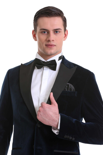 Lacivert Slim Fit Sivri Yaka Kadife Klasik Smokin Damatlık - 6