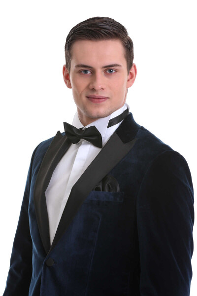 Lacivert Slim Fit Sivri Yaka Kadife Klasik Smokin Damatlık - 8