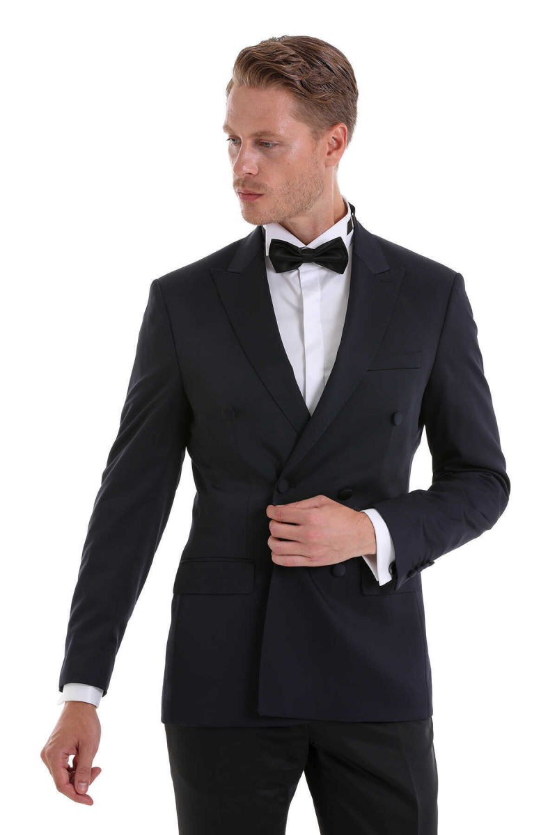 Lacivert Slim Fit Sivri Yaka Klasik Kruvaze Smokin Damatlık - Hatem Saykı (1)