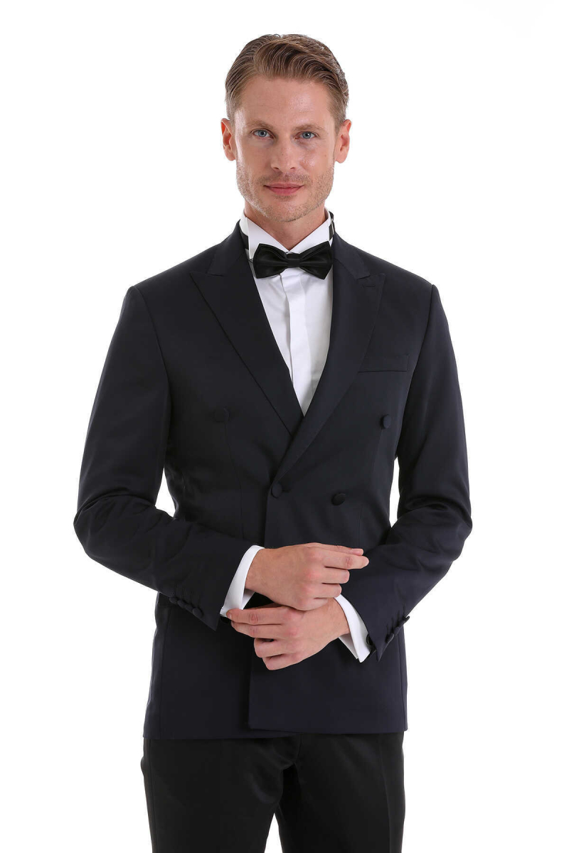 Lacivert Slim Fit Sivri Yaka Klasik Kruvaze Smokin Damatlık - Hatem Saykı (1)