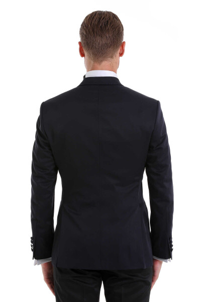 Lacivert Slim Fit Sivri Yaka Klasik Kruvaze Smokin Damatlık - 8