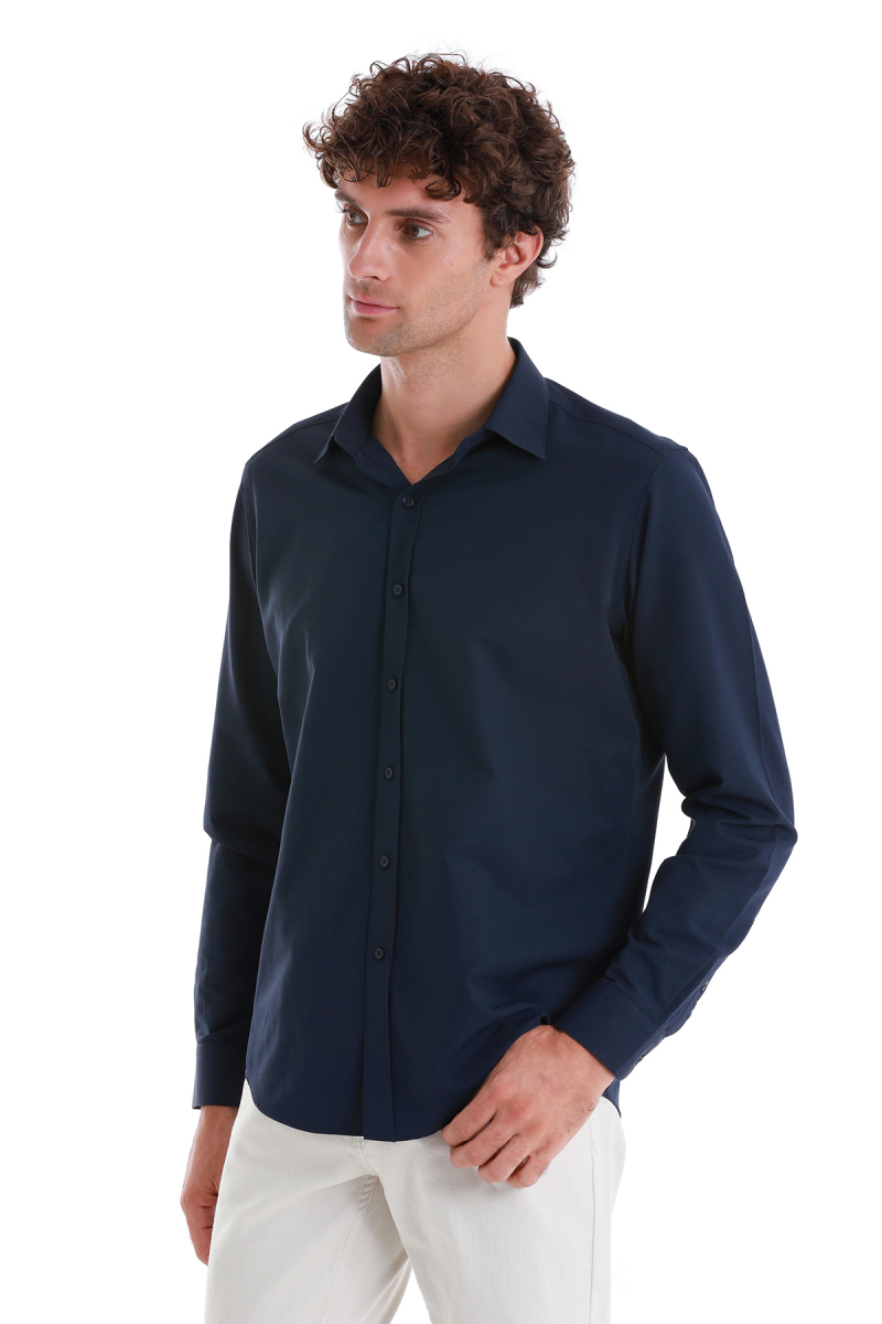 Lacivert Slim Fit Slim Yaka Pamuklu Uzun Kollu Gömlek - Hatemoğlu (1)