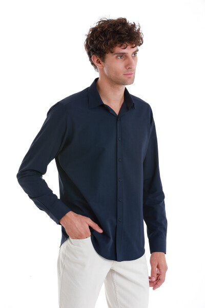 Lacivert Slim Fit Slim Yaka Pamuklu Uzun Kollu Gömlek - 4