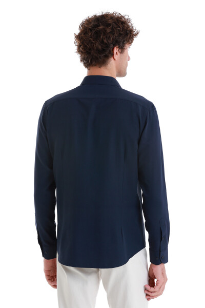 Lacivert Slim Fit Slim Yaka Pamuklu Uzun Kollu Gömlek - 6