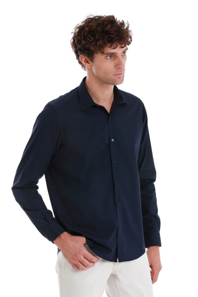 Lacivert Slim Fit Slim Yaka Pamuklu Uzun Kollu Spor Gömlek - 4