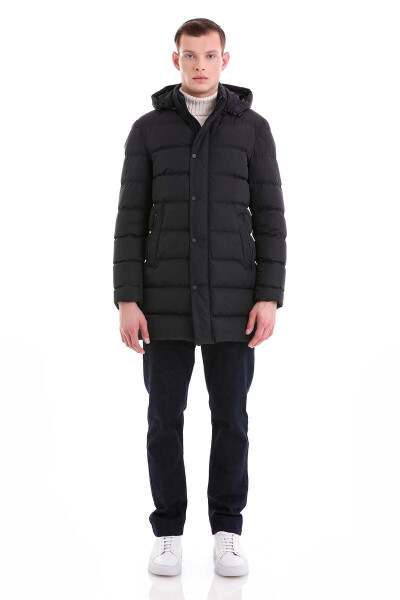 Lacivert Slim Fit Hakim Yaka Kapüşonlu Basic Kaban - 2