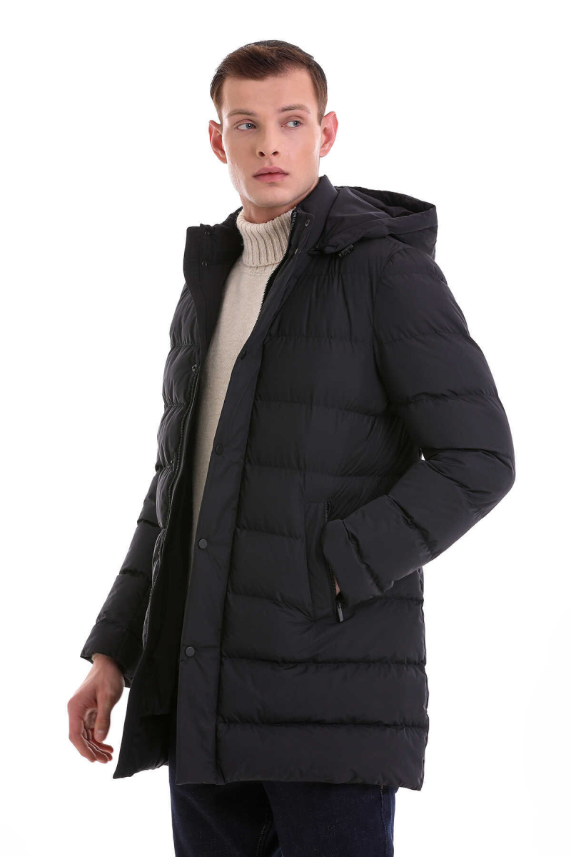 Lacivert Slim Fit Hakim Yaka Kapüşonlu Basic Kaban - Hatem Saykı (1)