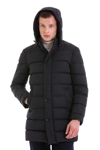 Lacivert Slim Fit Hakim Yaka Kapüşonlu Basic Kaban - 4