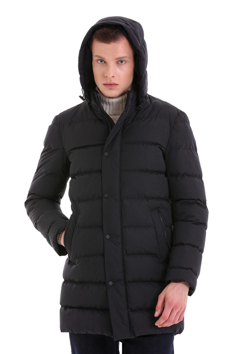 Lacivert Slim Fit Hakim Yaka Kapüşonlu Basic Kaban - Hatem Saykı (1)