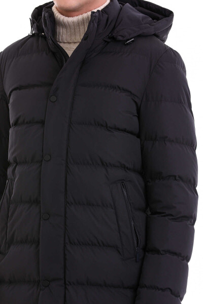 Lacivert Slim Fit Hakim Yaka Kapüşonlu Basic Kaban - 6