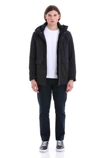 Lacivert Slim Fit Hakim Yaka Kapüşonlu Kaban - 2