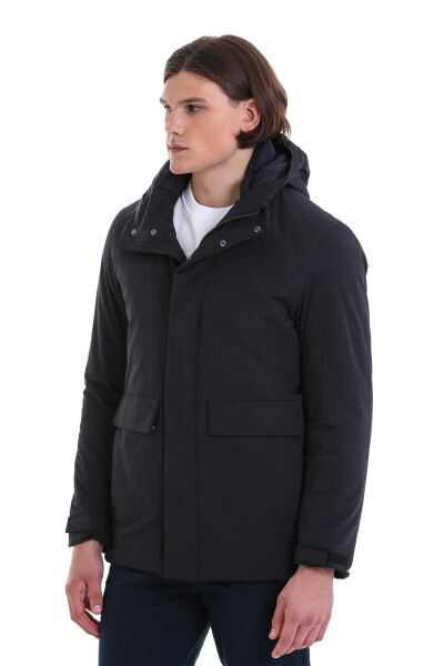 Lacivert Slim Fit Hakim Yaka Kapüşonlu Kaban - 3