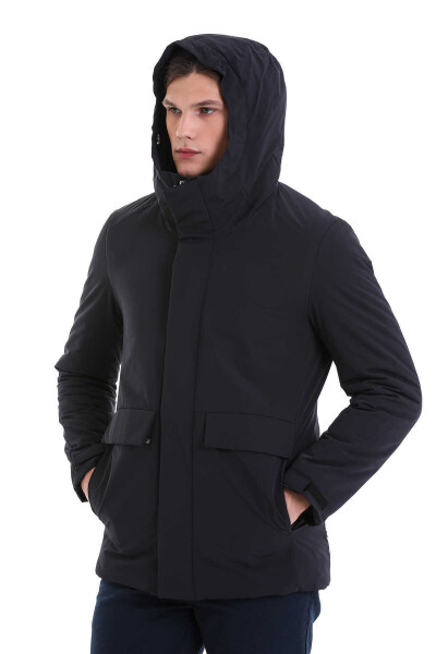 Lacivert Slim Fit Hakim Yaka Kapüşonlu Kaban - 4