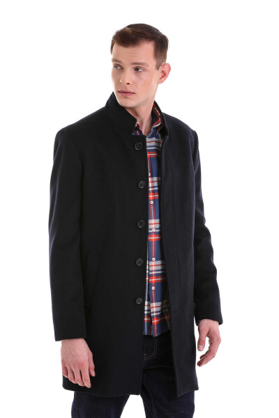 Lacivert Slim Fit Hakim Yaka Yünlü Kaşe Kaban - 3