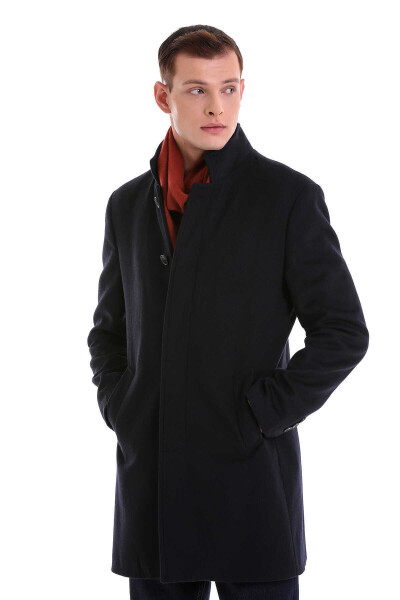 Lacivert Slim Fit Hakim Yaka Yünlü Kaşe Kaban - 4