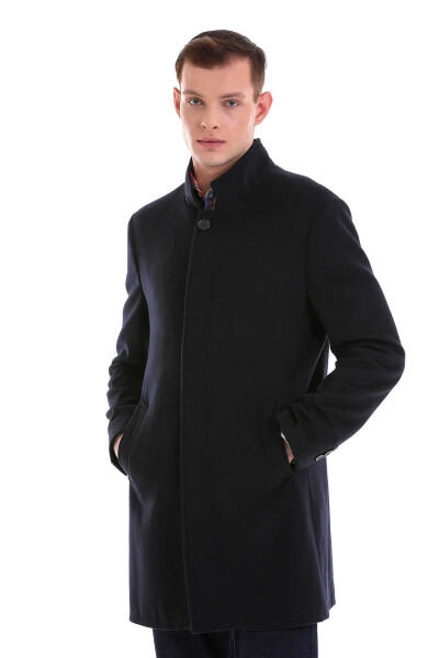 Lacivert Slim Fit Hakim Yaka Yünlü Kaşe Kaban - 5