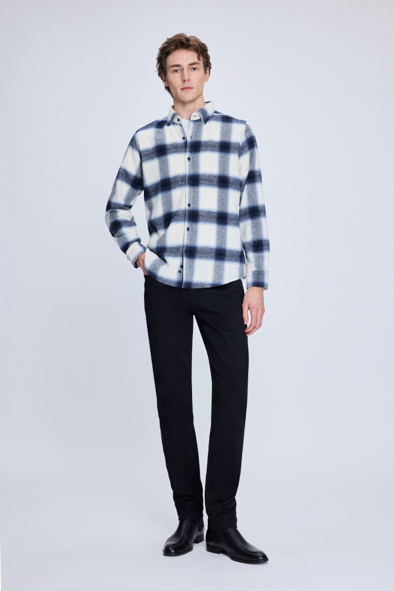 Lacivert Slim Fit Kareli Düğmeli Yaka Uzun Kollu Pamuklu Gömlek - Hatemoğlu (1)