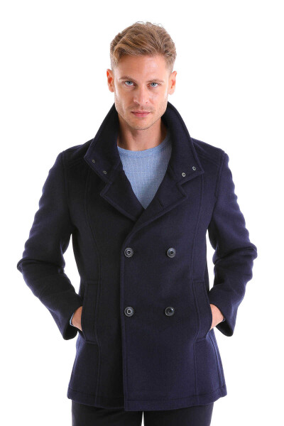 Lacivert Slim Fit Mono Yaka Yünlü Kruvaze Kaşe Kaban - 6