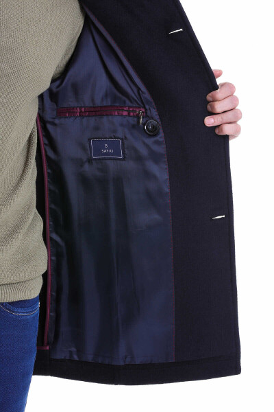 Lacivert Slim Fit Mono Yaka Yünlü Kruvaze Kaşe Kaban - 6