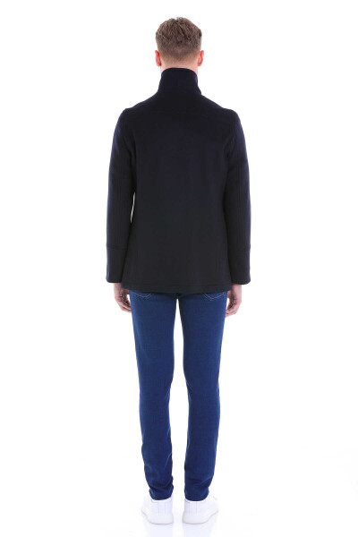 Lacivert Slim Fit Mono Yaka Yünlü Kruvaze Kaşe Kaban - 7
