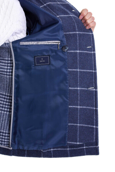 Lacivert Slim Fit Mono Yaka Yünlü Kruvaze Kaşe Kaban - 5