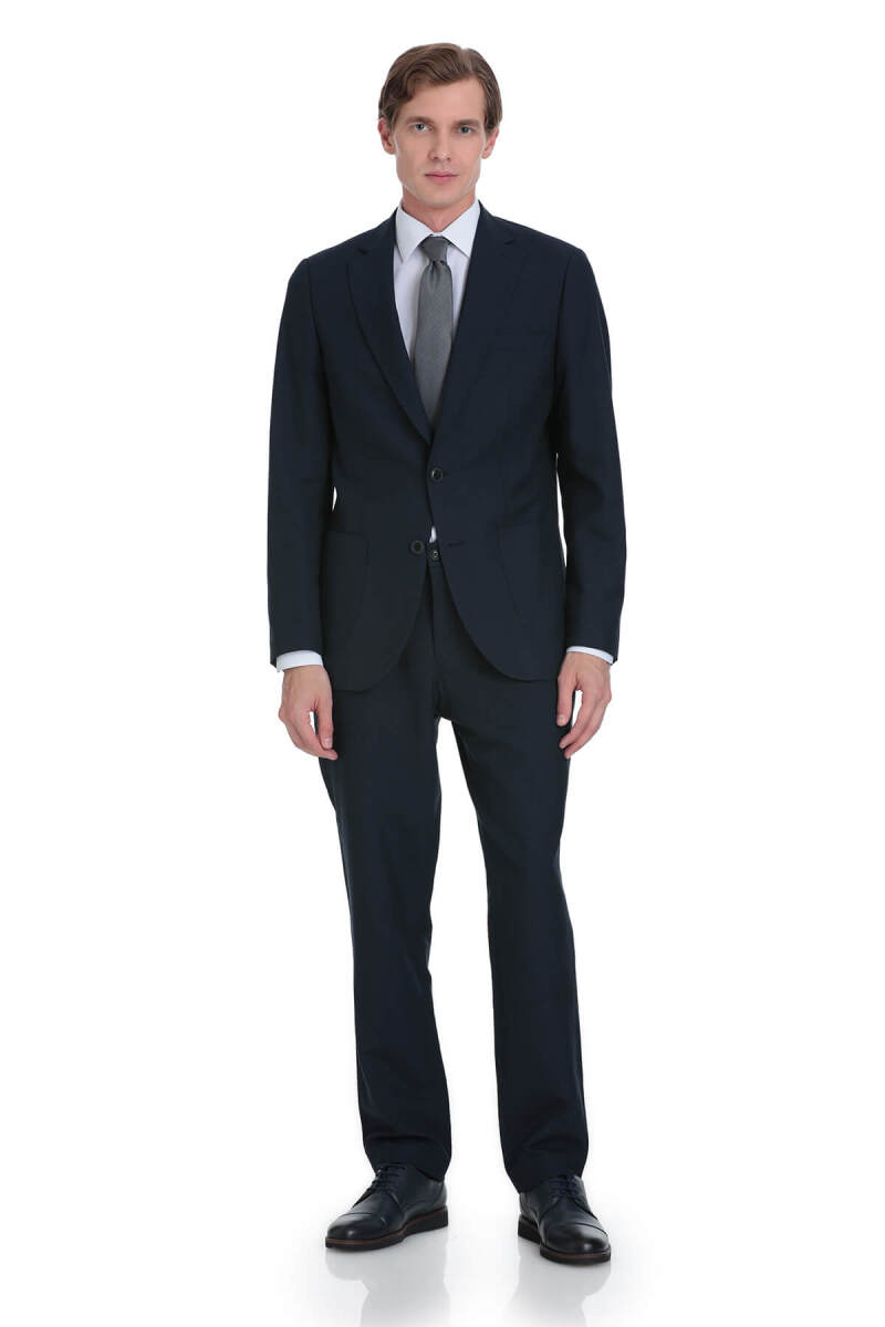 Lacivert Slim Fit Mono Yaka Keten Takım Elbise - Saykı