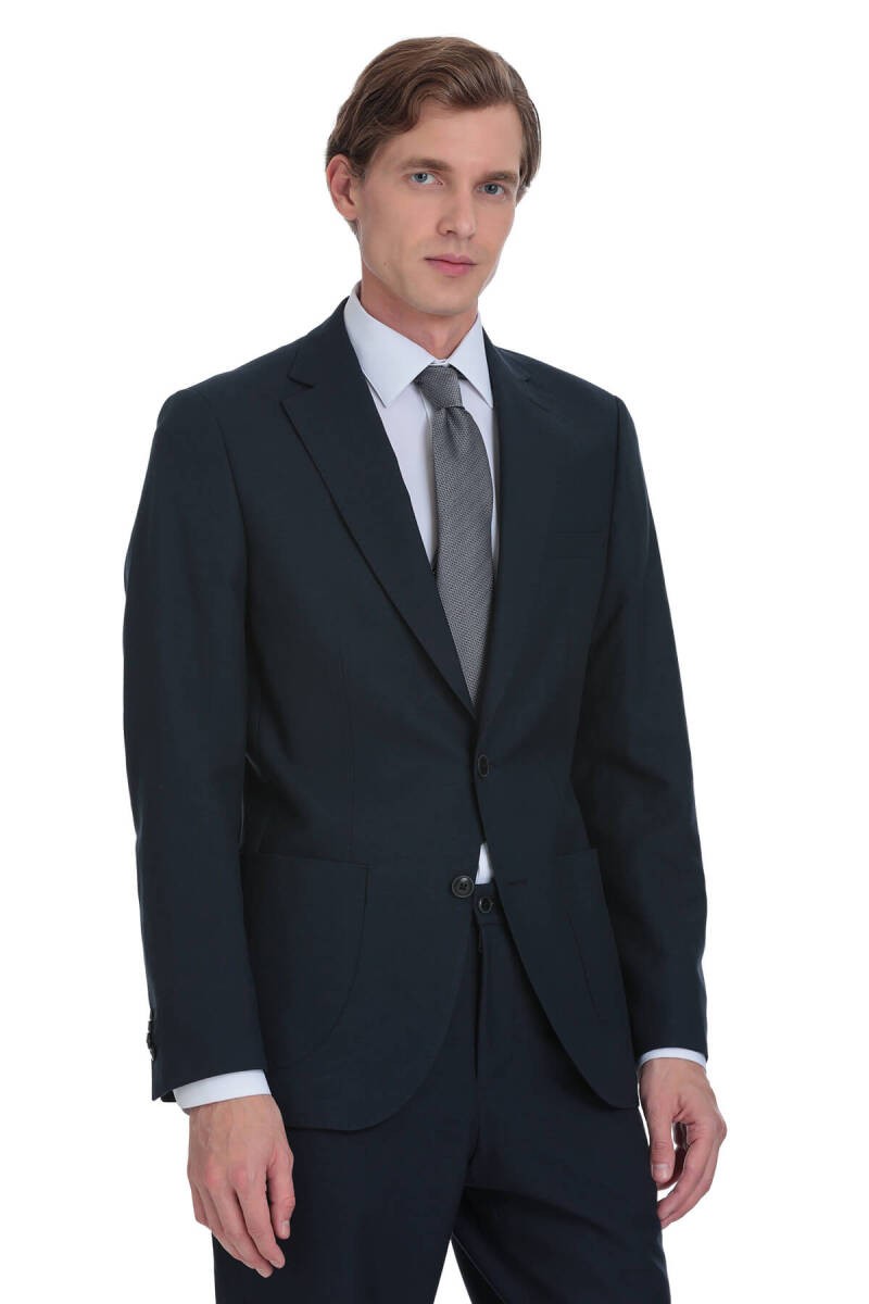 Lacivert Slim Fit Mono Yaka Keten Takım Elbise - Saykı (1)