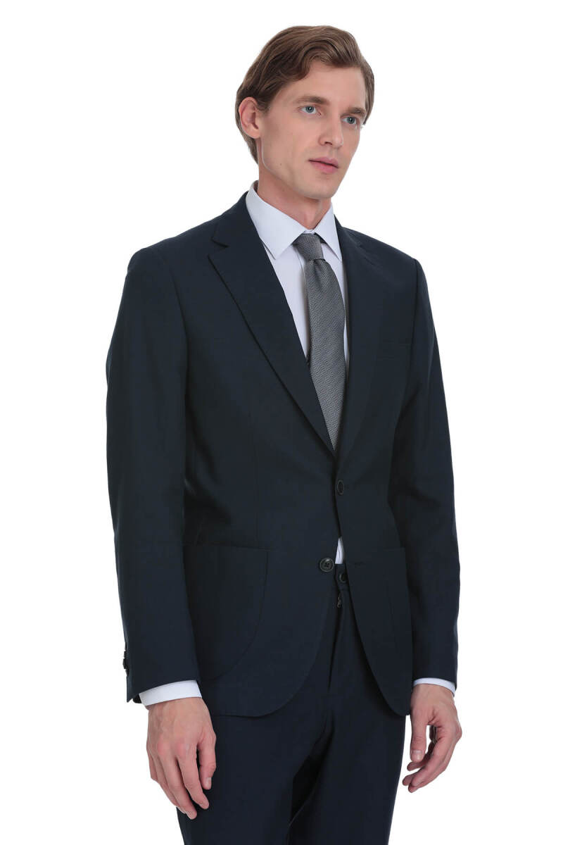 Lacivert Slim Fit Mono Yaka Keten Takım Elbise - Saykı (1)