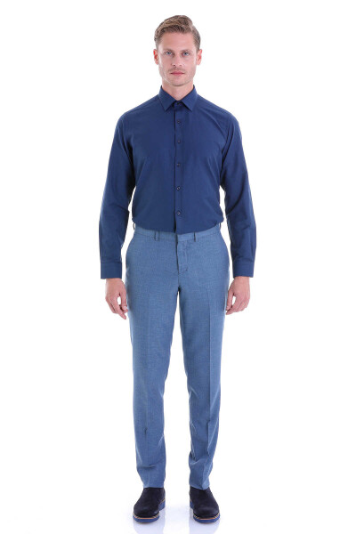 Lacivert Slim Fit Pamuklu Slim Yaka Uzun Kollu Klasik Gömlek - 4