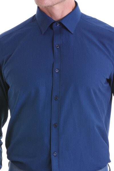 Lacivert Slim Fit Pamuklu Slim Yaka Uzun Kollu Klasik Gömlek - 5