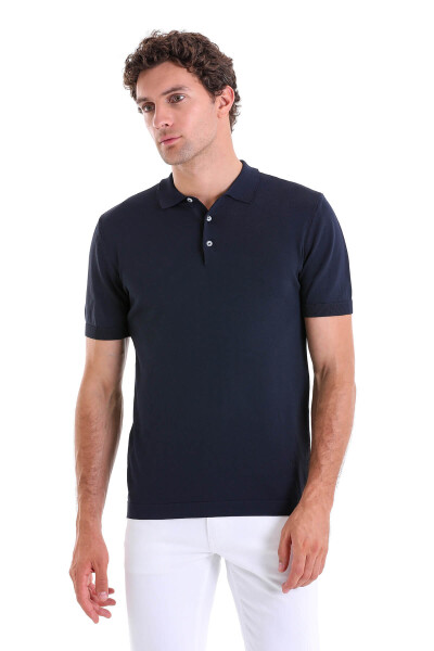 Lacivert Regular Fit Polo Yaka Rayon Triko Tişört - 3