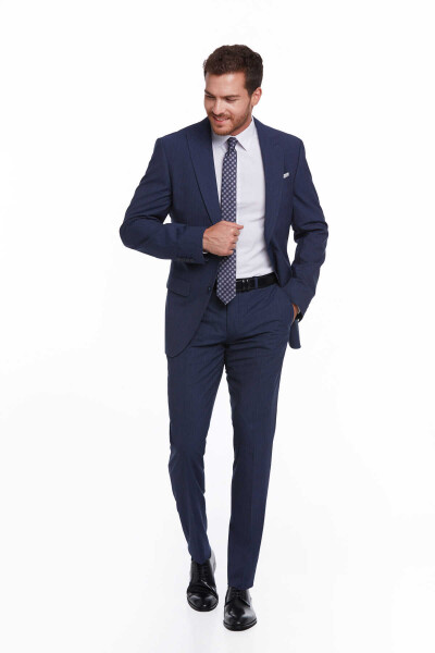 Lacivert Slim Fit Çizgili Mono Yaka Klasik Takım Elbise - 2