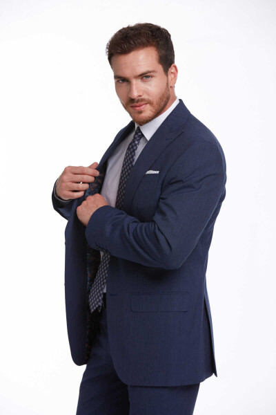 Lacivert Slim Fit Çizgili Mono Yaka Klasik Takım Elbise - 5