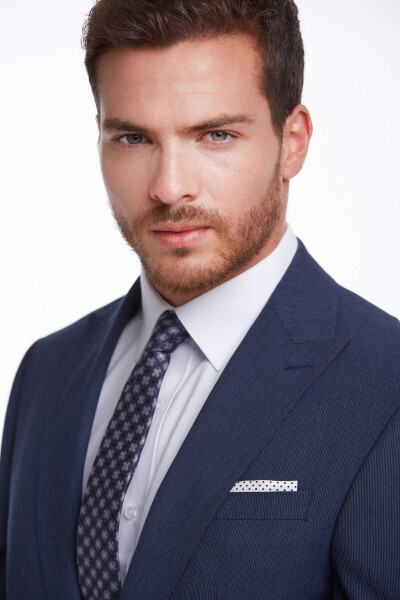 Lacivert Slim Fit Çizgili Mono Yaka Klasik Takım Elbise - 8