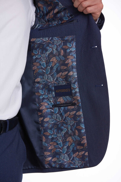 Lacivert Slim Fit Çizgili Mono Yaka Klasik Takım Elbise - 9