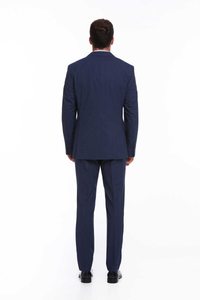 Lacivert Slim Fit Çizgili Mono Yaka Klasik Takım Elbise - 10