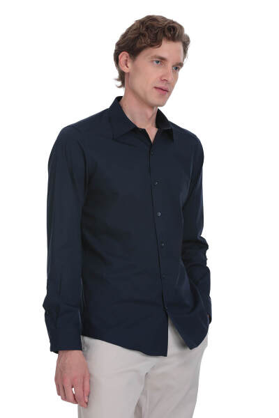 Lacivert Slim Fit Slim Yaka Pamuklu Uzun Kollu Gömlek 