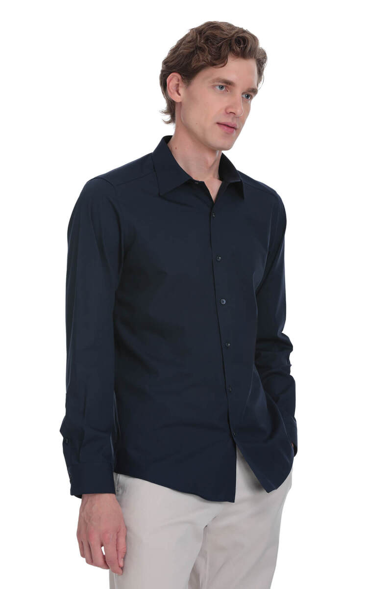 Lacivert Slim Fit Slim Yaka Pamuklu Uzun Kollu Gömlek - Hatemoğlu