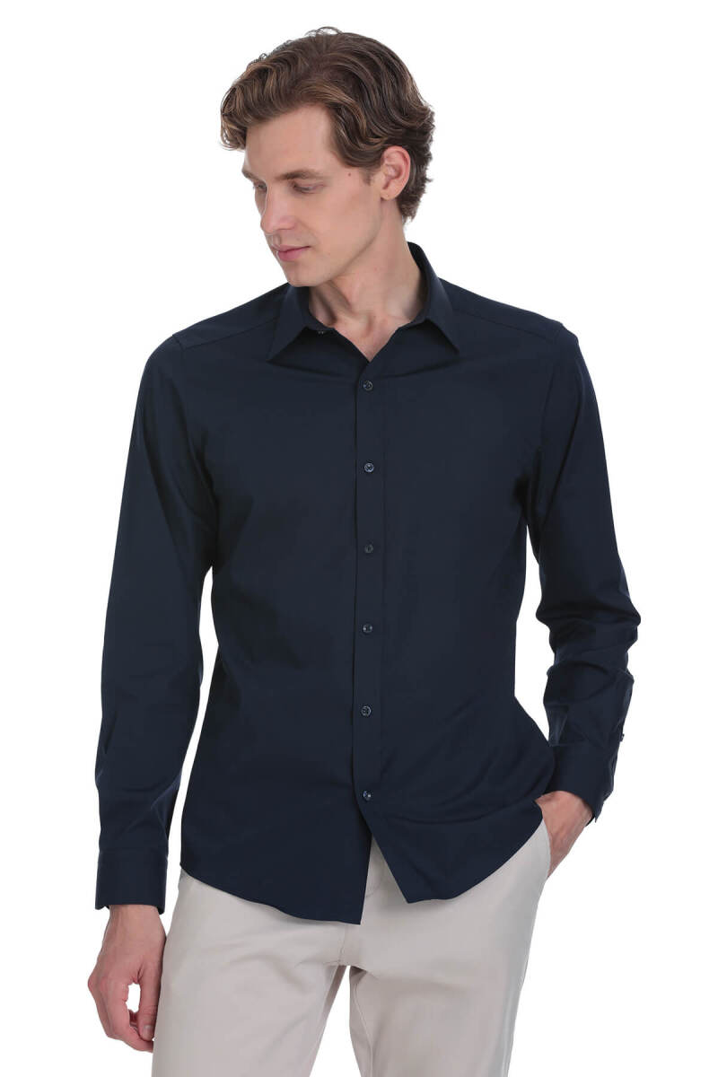 Lacivert Slim Fit Slim Yaka Pamuklu Uzun Kollu Gömlek - Hatemoğlu (1)