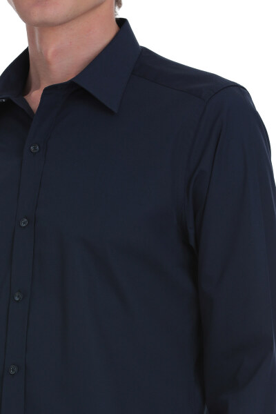 Lacivert Slim Fit Slim Yaka Pamuklu Uzun Kollu Gömlek - 4