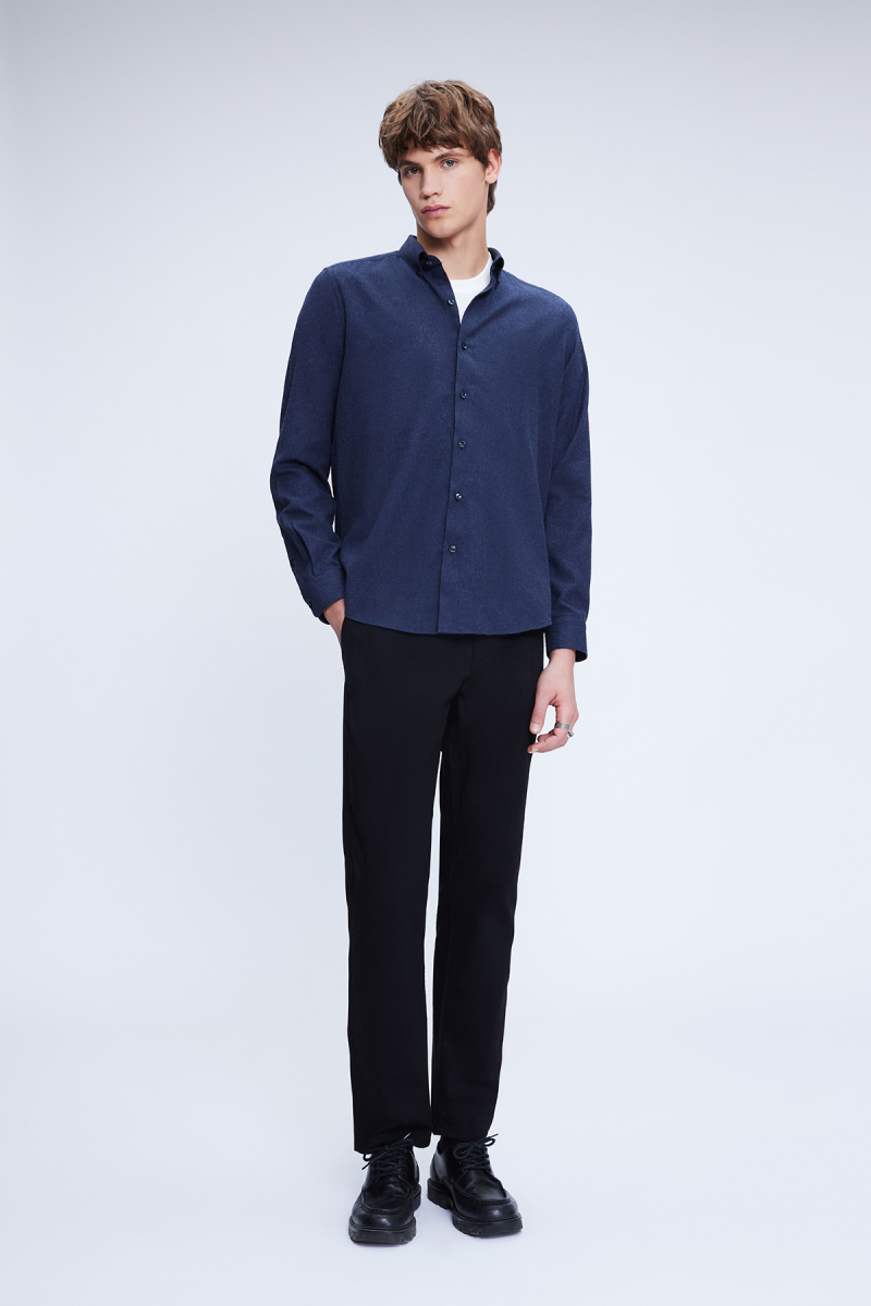 Lacivert Slim Fit Uzun Kol Düğmeli Yaka Flanel Gömlek - Hatem Saykı (1)