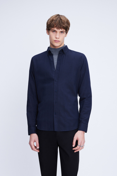 Lacivert Slim Fit Uzun Kol Düğmeli Yaka Flanel Gömlek 