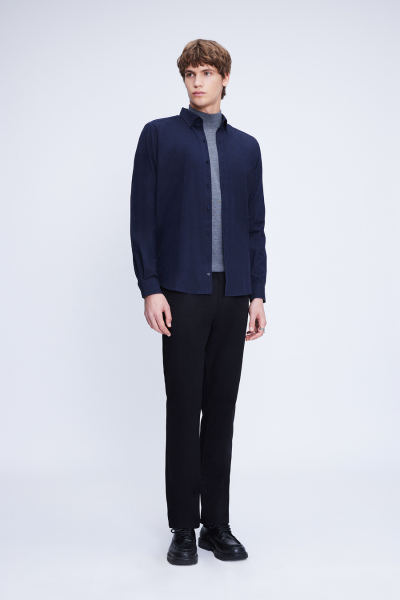 Lacivert Slim Fit Uzun Kol Düğmeli Yaka Flanel Gömlek - 2