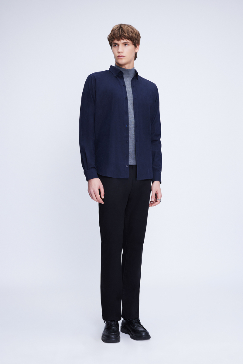 Lacivert Slim Fit Uzun Kol Düğmeli Yaka Flanel Gömlek - Hatem Saykı (1)