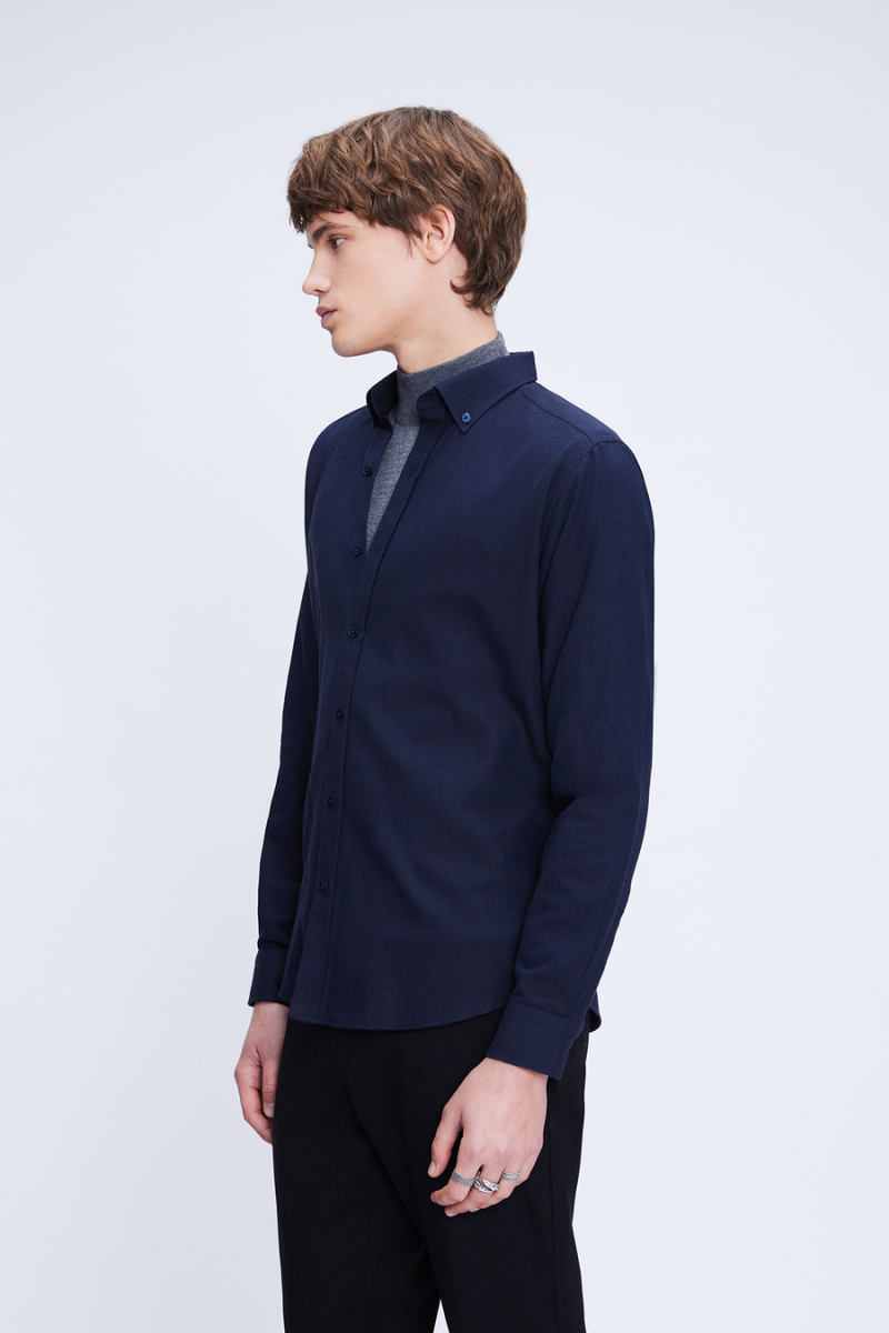 Lacivert Slim Fit Uzun Kol Düğmeli Yaka Flanel Gömlek - Hatem Saykı (1)