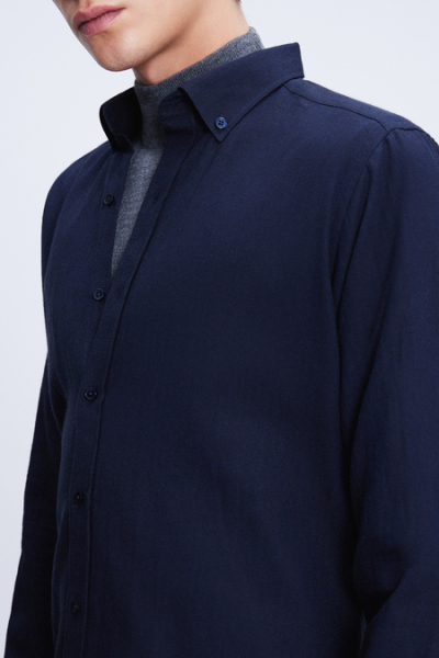 Lacivert Slim Fit Uzun Kol Düğmeli Yaka Flanel Gömlek - 4