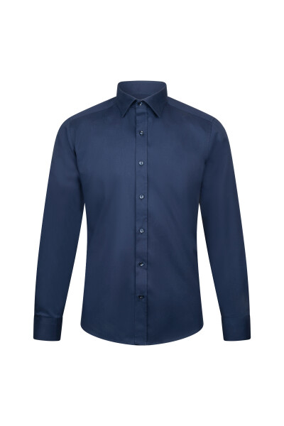 Lacivert Slim Fit Uzun Kollu 100% Pamuk Casual Flanel Gömlek - 1